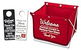 Foldable Shoe Cover Holder (Red) with Bonus Please Use Shoe Covers, Double Sided, Door Hanger