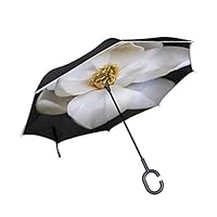 Jnseff Double Layer Inverted Perfect Magnolia Flower Northcarolina Umbrellas Reverse Folding Umbrella Windproof Uv Protection Big Straight Umbrella for Car Rain Outdoor with C-Shaped Handle