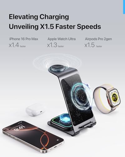 Intoval Aluminum 3-in-1 Wireless Charging Station for iPhone 17/17 Pro/17 Pro Max/16/16 Pro/16 Pro Max/15/14/13/12,for Apple Watch 11/Ultra 3/SE 3/10/9/8/7,for AirPods Pro 3/4/Pro 2/3/Pro (Grey)