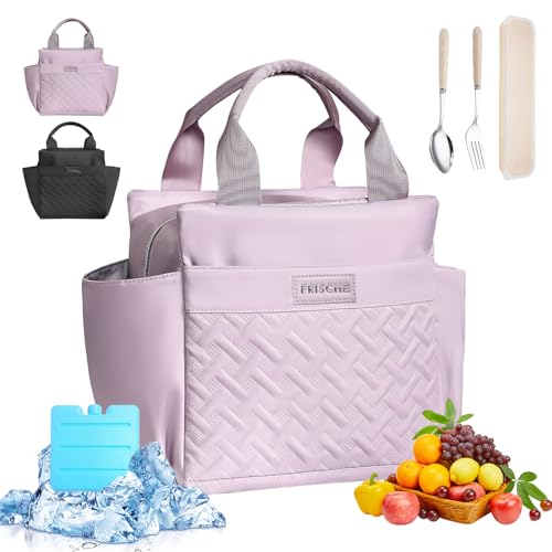 ZZBIFRJ Loncheras Termica para Mujer, Bolsa de Almuerzo de Gran Capacidad con Cristales Hielo y Cubiertos, Aislamiento Portátil Ideal para Trabajo, Playa, Camping