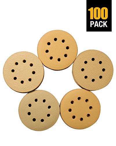 5 Inch Sanding Disc 100PCS Sanding Discs 60/80/120/150/220 5 Inch Sanding Discs Hook and Loop 8 Holes 5-Inch Sanding Discs Gold Sanding disc