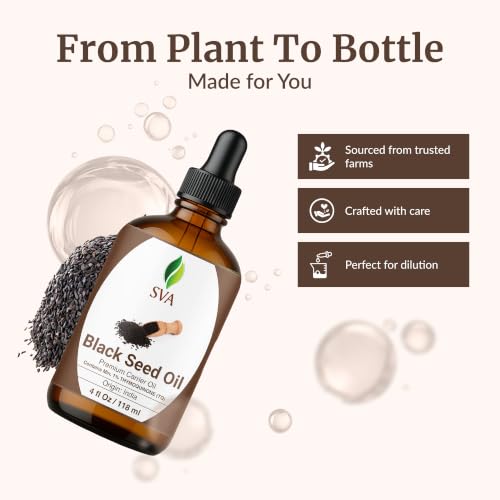 SVA Black Seed Oil – 4 Fl Oz – 100% Natural Cold Pressed Nigella Sativa – Kalonji Oil for Hair, Face & Skin Care – Carrier Oil with Dropper