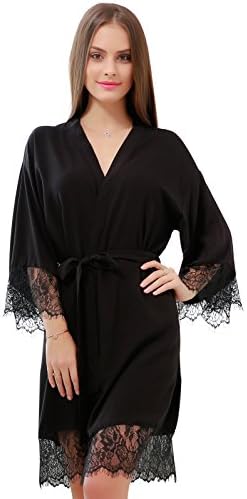 Women Cotton Robe Lightweight Short Soft Kimono Robes with Lace Trim