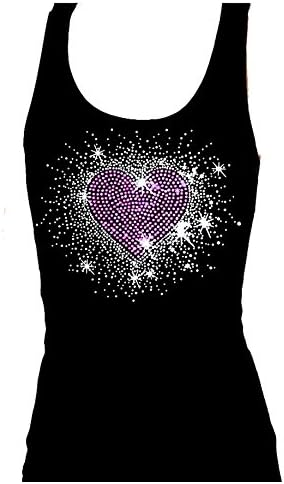 Pink Heart Burst Angel Wings Rhinestone Bling Womens Tank Top Tee Shirt