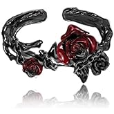 MASW Gothic Punk Black Red Rose Ring - Hip-Hop Personalized Open Adjustable Ring for Women, Fashionable Gothic Statement Accessories M3625