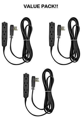 BindMaster 8 Feet Extension Cord/Wire, 3 Prong Grounded, 3 outlets, Angeled Flat Plug , Black {3 Pack} - Thumbnail 3