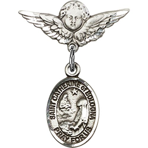 Sterling Silver Baby Badge with St. Catherine of Bologna Charm and Angel w/Wings Badge Pin 7/8 X 3/4 inches