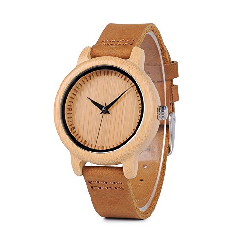 BOBO BIRD Women s Bamboo Wooden Watch with Brown Cowhide Leather Strap Analog Quartz Casual Watches