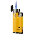 Cigar Lighters Torch with Punch 4 Jet Butane Refillbale Lighter Metal Torches Windproof (Yellow)