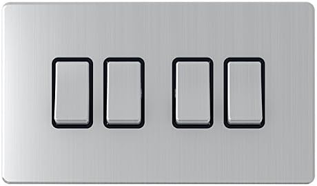 AET SL4GSWIBS 4 Gang 10 A Screwless Black Insert Metal Rocker Switch, Silver