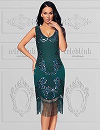 celeblink Mujer Vestido de flecos 1920s de flecos y cuello en V Gran Gatsby vestidos