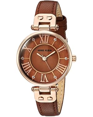Women's Quartz Metal and Leather Dress Watch, Color:Brown (Model: AK/2718RGBN)
