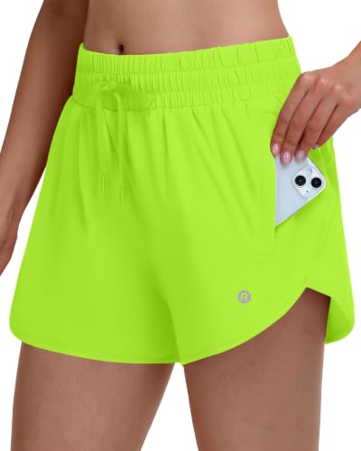 Runhit Women's Athletic Shorts with Liner Running Short Zipper Pocket 3" High Waisted Gym Workout Yoga Shorts Breathable Fluorescent Yellow L at Amazon