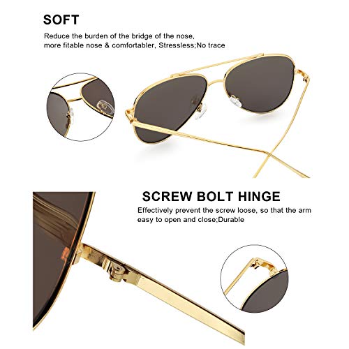 SODQW Aviator Sunglasses Womens Polarized Mirrored Flat Lens Fashion Large Metal Frame - UV 400 Protection (gold/ice blue Lens(mirror))