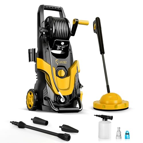 LANCHEZ Hochdruckreiniger 145 bar max Druck, Fördermenge 420 l/h, 7-in-1-Zubehör Kit (500ml Schaumsprüher, Schnellkupplungen, Schnellanschlussdüsen, Terrassenbürste) für Auto, Terrasse, Gelb