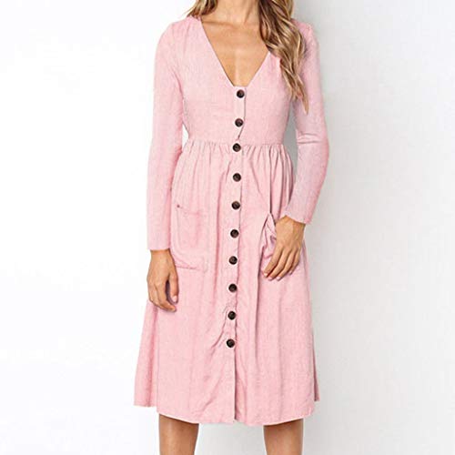 Women Dress,Dainzuy Long Sleeve Pocket Button Solid Beach Maxi Dress