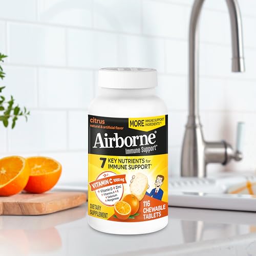 AIRBORNE VITAMIN C 1000MG (PER SERVING) – CITRUS CHEWABLE TABLETS (116 COUNT IN A BOTTLE), GLUTEN-FREE IMMUNE SUPPORT SUPPLEMENT, WITH VITAMINS A C E, ZINC, SELENIUM, ECHINACEA, GINGER, ANTIOXIDANTS