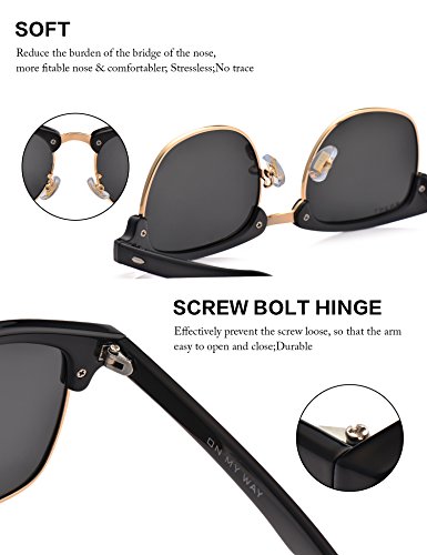 LUENX Men Semi Rimless Polarized Sunglasses UV 400 Protection Retro Classic Black Frame 51MM