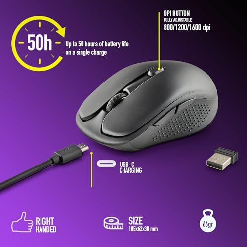 EVO Rust Black - Rato sem fios recarregável de 2,4 GHz para computador/portátil/MacBook/PC/Mac/Mac/iPad/tablet, teclas silenciosas, níveis de 3 DPI: 800/1200/1600, Concebido para destros, preto