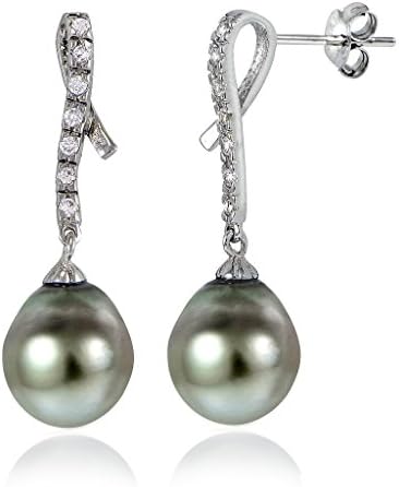 Sterling Silver 11mm Tahitian Cultured Pearl &amp; White Topaz Twist Loop Earrings