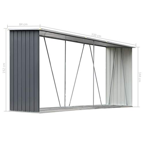 Nishore Abri de Stockage de Bois | Abri de Chauffage de Bois | Abri de Jardin Stockage en Acier Galvanisé empilé et aéré 330x84x152 cm Gris