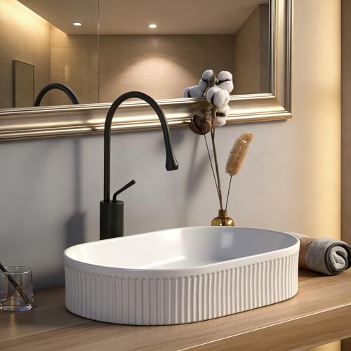 Lavabo Ovalado de Cerámica para Baño, 50 x 32 cm, Blanco, con Desagüe | Cerámica Blanca, Montaje Sobre Encimera, Desagüe Automático, Manguera de Desagüe Incluida para Baño para Baños Hoteles