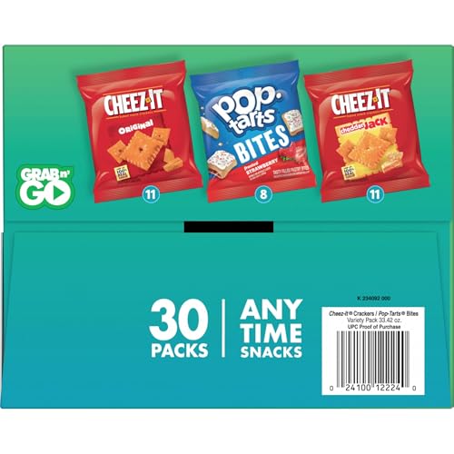 KELLOGG’S CHEEZ-IT & POP-TARTS SNACKS, GRAB ‘N GO, ANY TIME SNACKS VARIETY PACK, 33.42OZ BOX (30 COUNT)