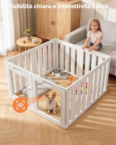 Indoor Dog Fence Acrylic 100×60cm, 8 Panels Folding Dog Fence, DIY for Small Medium Dogs, Cats and Rabbits, Plastic Fence for Indoor Use, White