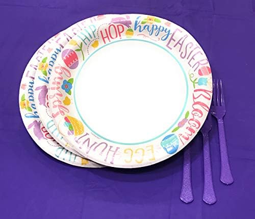 Easter Paper Plates - Spring Paper Plates - Easter Dinnerware Set Includes 40 (10.25 inch) Plates, 40 Purple Forks, 1 Plastic Table Cover