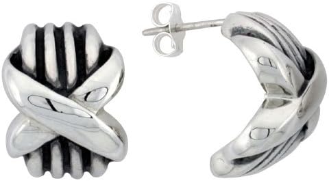 Sterling Silver Half Hoop Bali Style Post Earrings, w/ Crisscross Design, 11/16" (17mm) tall