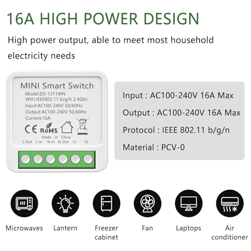 4 Pack Mini Smart Relay Switch Module Compatible With Tuya App, Alexa and Google Home - DIY WLAN Smart Life Switch, Neutral Conductor Required