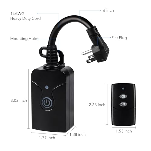 HBN Outdoor Indoor Wireless Remote Control 3-Prong Outlet Weatherproof Heavy Duty 15 A Compact 1 Remote 1 Outlet with Remote 6-inch Cord 100ft Range ETL Listed (Battery Included)
