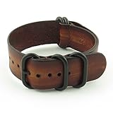 StrapsCo 22mm Brown Vintage Nato Zulu G10 Leather Watch Strap with Matte Black Rings