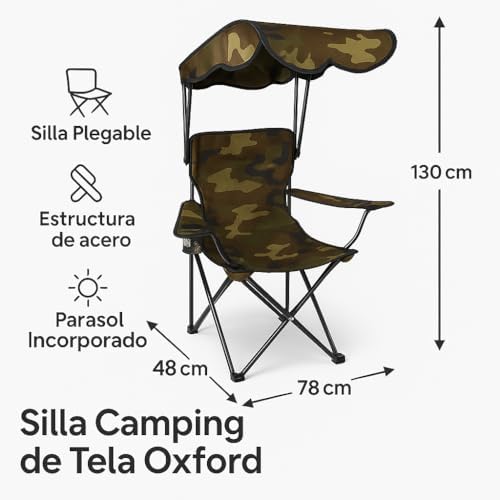 - Silla Playa o Camping Plegable | Parasol y Porta Vasos Incorporado | Estructura de Metal y Tela Oxford Resistente | Estampado Camuflaje | Bolsa Transporte | 78x48x130 cm (Pack 1 UD)