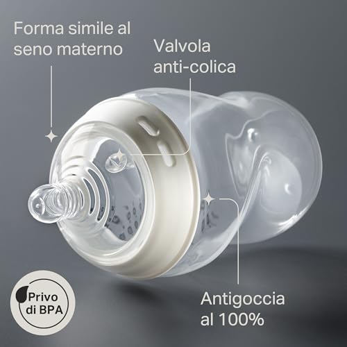 biberon anti-colica Natural Start 260ml, 2 pezzo con tettarella a flusso lento simile al seno materno, valvola anti-colica, autosterilizzante
