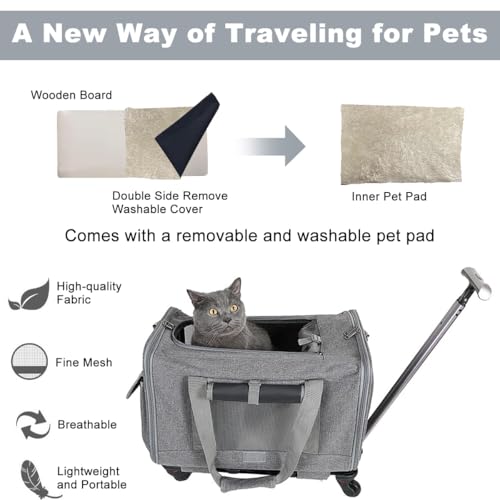 Pet Carrier Bag Cat Wheeled Bag Puppy Rolling Carrier with Detachable Wheel | Large Space Trolley Collapsible Breathable Vet Appointments for Car Seat Travel Small Dog Kitten, Plenty of Room