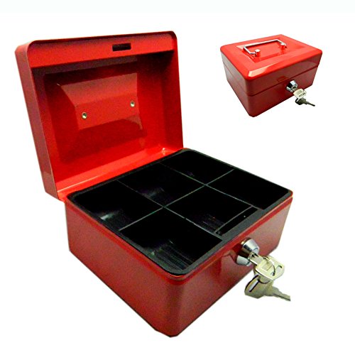 Raysun 6 Inch Metal Key Lock Cash Box Safe Box with Coin Tray (Red)