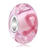 LovelyJewelry Sterling Silver Breast Cancer Awareness Pink Ribbon Murano Glass Charms Beads For Bracelet