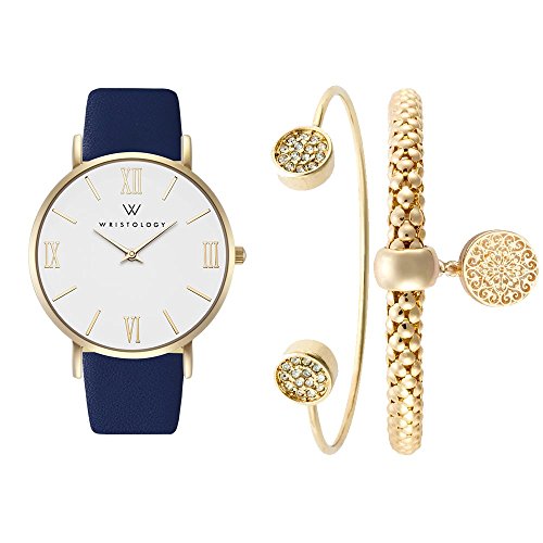 WRISTOLOGY Stella Womens Gold Roman Watch Navy Leather Band and Bracelet Gift Set
