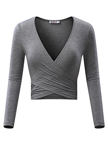 KIRA Women's Deep V Neck Long Sleeve Unique Cross Wrap Slim Fit Crop Tops (Small, Light Gray)