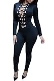 Aro Lora Women's Deep V Neck Long Sleeves Lace up Key Hole Front Club Jumpsuits