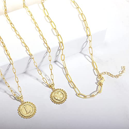 Gold Letter L Initial Necklace for Women Layered Paperclip Chain Coin Pendant Necklace for Girls 16+2 Inch Choker 14+2 Inch