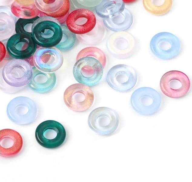 View 1 of 100 Pcs 11mm Glass Donut Beads, Charms Glitter Round Bead Colorful Crystal Beads Loose Spacer Beads for DIY Jewelry Making Crafts, Large Hole Donut Shape