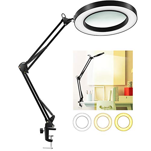 LANCOSC LED Magnifying Lamp with Clamp, 10 Levels Dimmable, 3 Color Modes, 5-Diopter Real Glass Lens, Adjustable Swivel Arm Lighted Magnifier Light for Desk Table Craft Workbench Close Work-2.25X