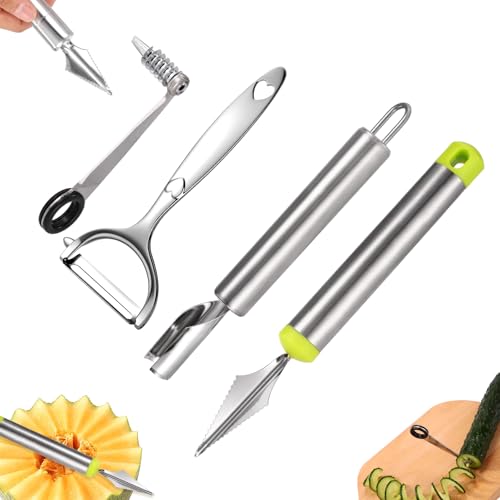 Lyreh 4pcs Kitchen Spiral Vegetable Cutter Set with V-Shaped Carving Cutting Tool, Peeler peeling and Flower-Shaped Fruit Carver Spiralizer Slicer Knife for Potatoes Cucumbers Melons Tomato Veggie at Amazon