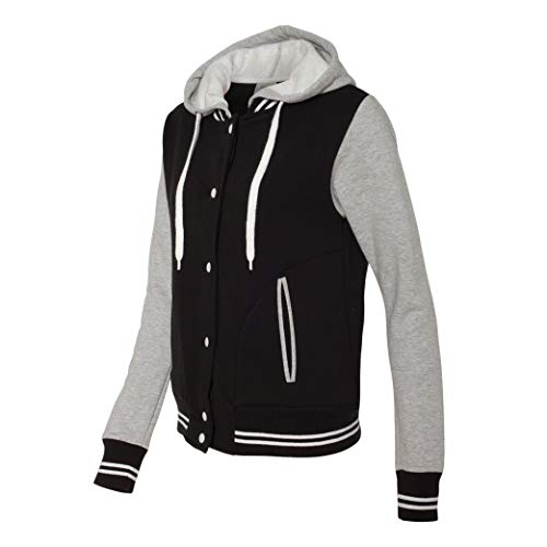 Move U Women's Gray & Black Snap Front Varsity Bomber Jacket With Hood