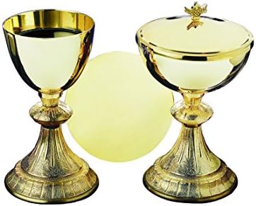 Chalice and Loaves &amp; Fishes Ciboria Set &amp; Paten, Gold Plated Over Brass