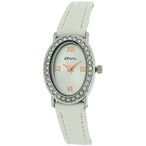 Ravel Ladies Silver Dial CZ Set Bezel White Croc Effect Strap Watch R0900.4L