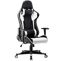 Polar Aurora Gaming Chair Racing Style High-Back PU Leather Office Chair Computer Desk Chair Executive Ergonomic Style Swivel Chair Headrest Lumbar Support/White