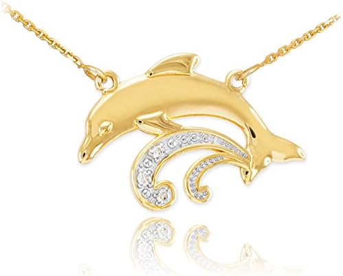 14k Yellow Gold 3-Stone Diamond Jumping Dolphin Pendant Necklace, 20"